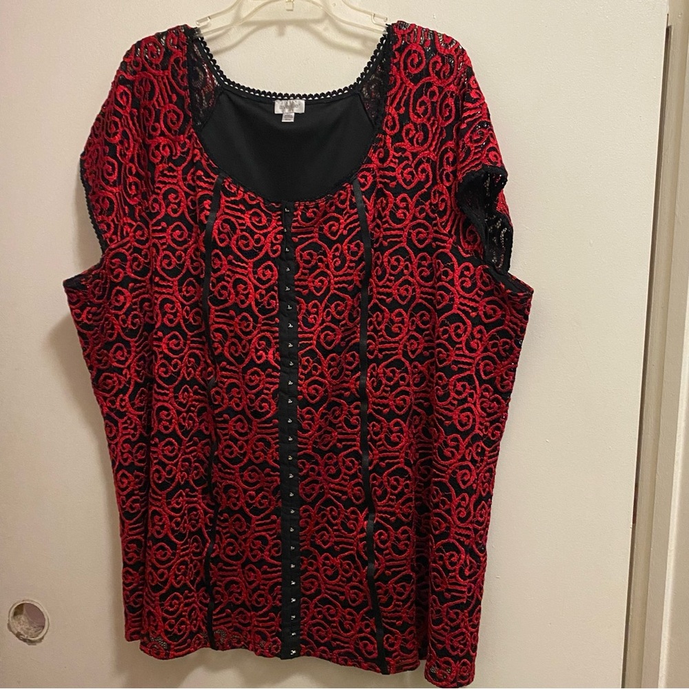 Vtg Avenue Womens Top Blouse  5XL 30/33 60” Corset Front Black Red Lace Overlay
